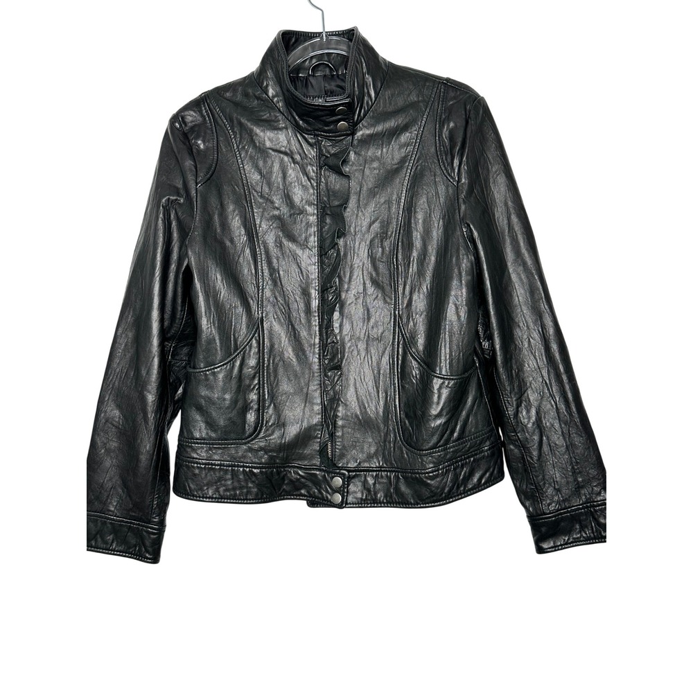 Black Rivet Leather Jacket Ruffle Trim Zip Front Size XL Biker Moto Rock Indie